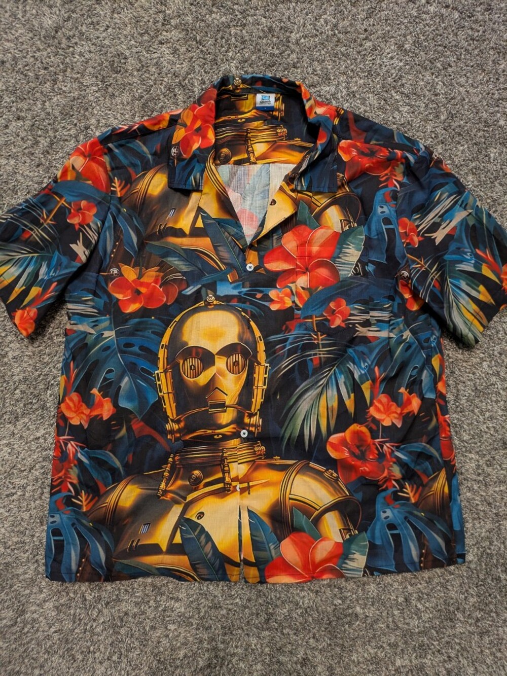 Tropical C3PO Hawaiian Print Button-Up Shirt - Navy, Gold & Red